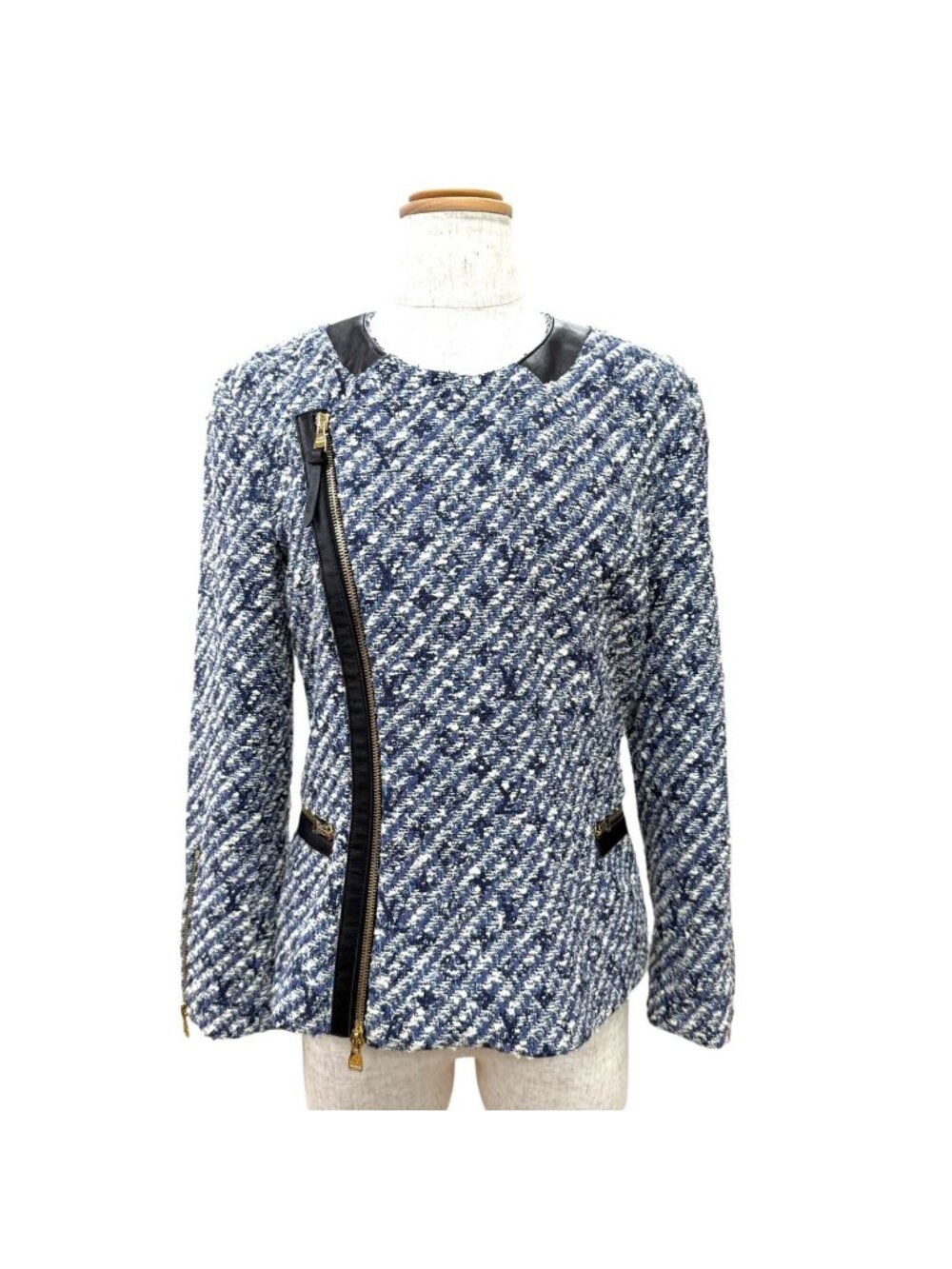 Louis Vuitton Leather Use Shadow Monogram Tweed Collarless Jacket Blue 34